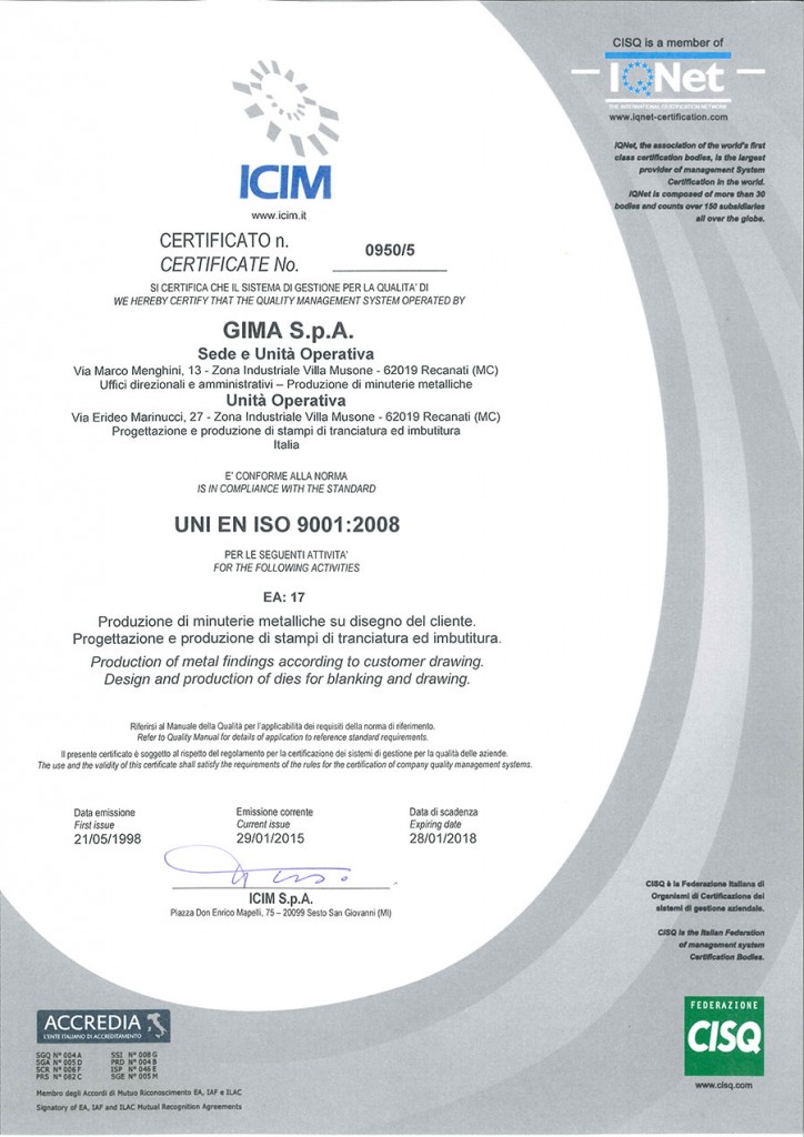 Certificazione sistema di gestione per la qualità lavorazioni meccaniche Gima spa