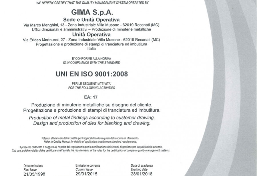 Certificazione sistema di gestione per la qualità lavorazioni meccaniche Gima spa