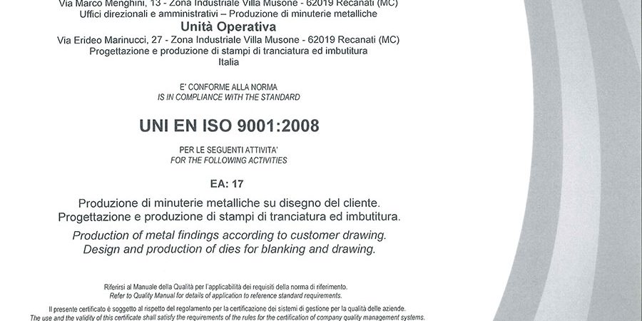 Certificazione sistema di gestione per la qualità lavorazioni meccaniche Gima spa